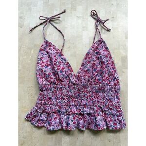 Sim Sam Smocked Crop Top Floral Ruffle Milkmaid Beachy Coquette Feminine Sz M